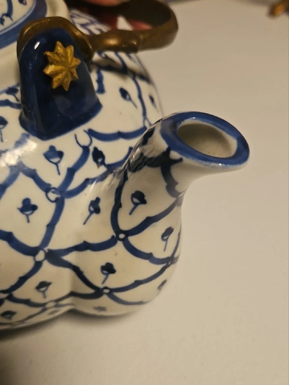 Andrea By Sadek Blue and White Ceramic Teapot with Brass Handle